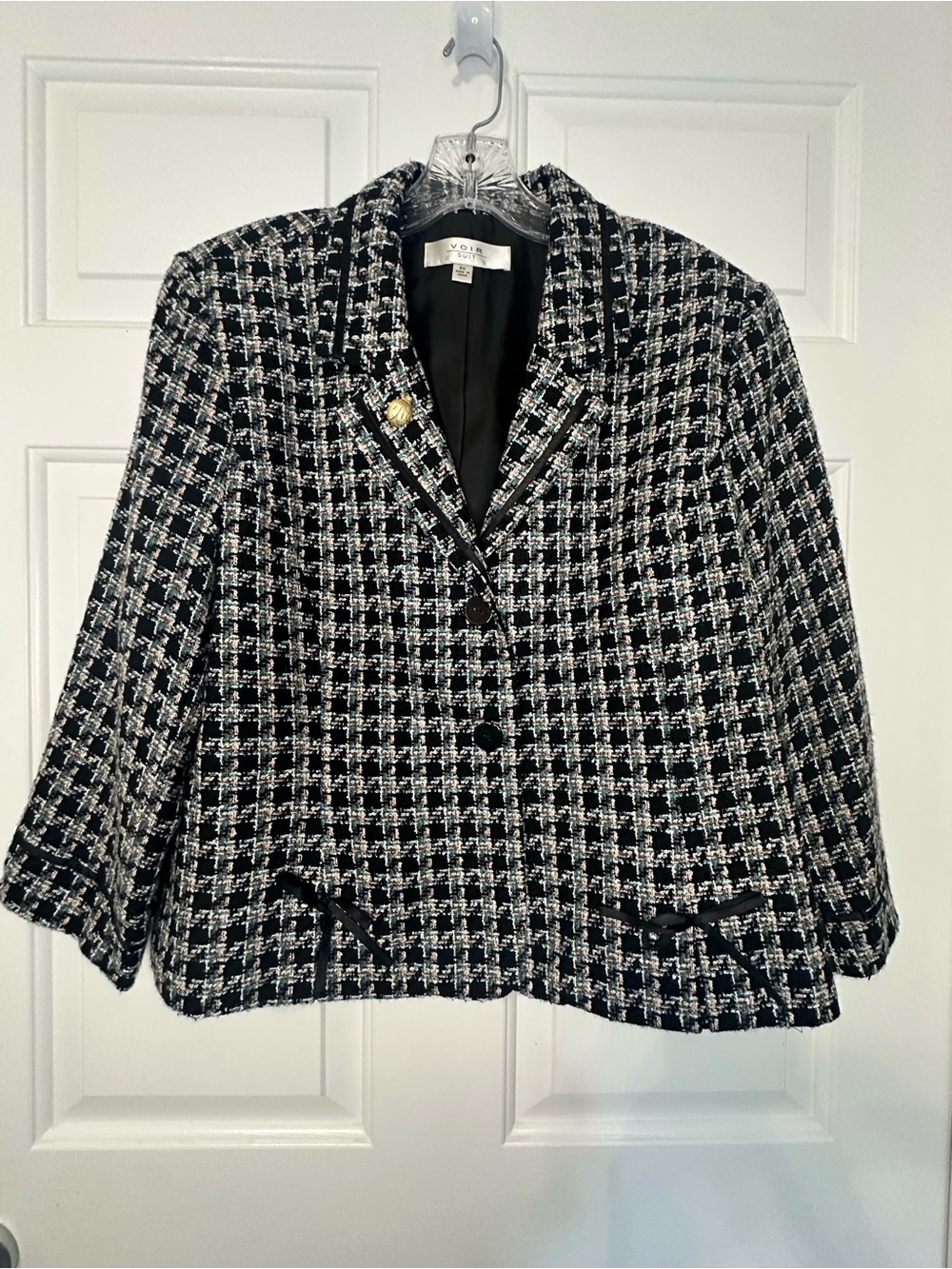 Voir Voir Black, White, Teal Tweed Cropped Blazer